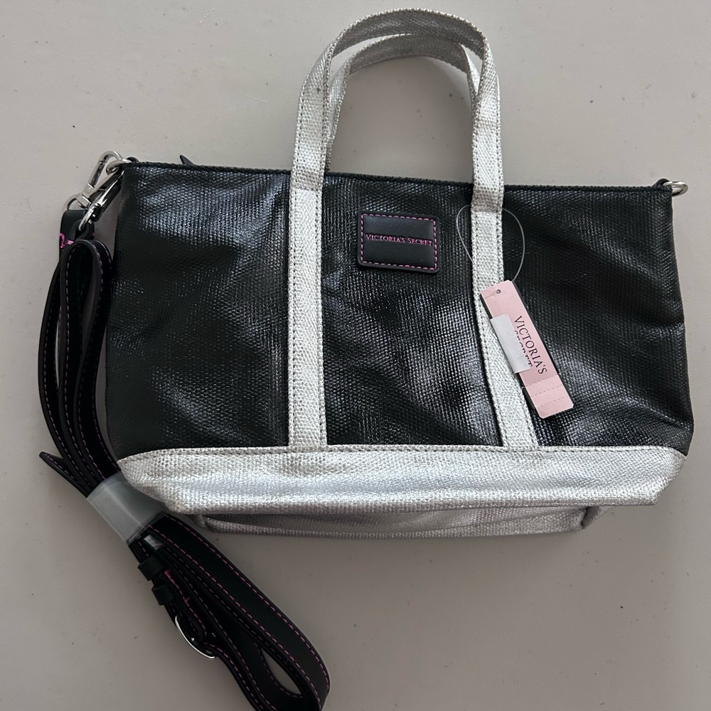 Victoria's Secret Black Tote with Silver Trim and Removable Strap